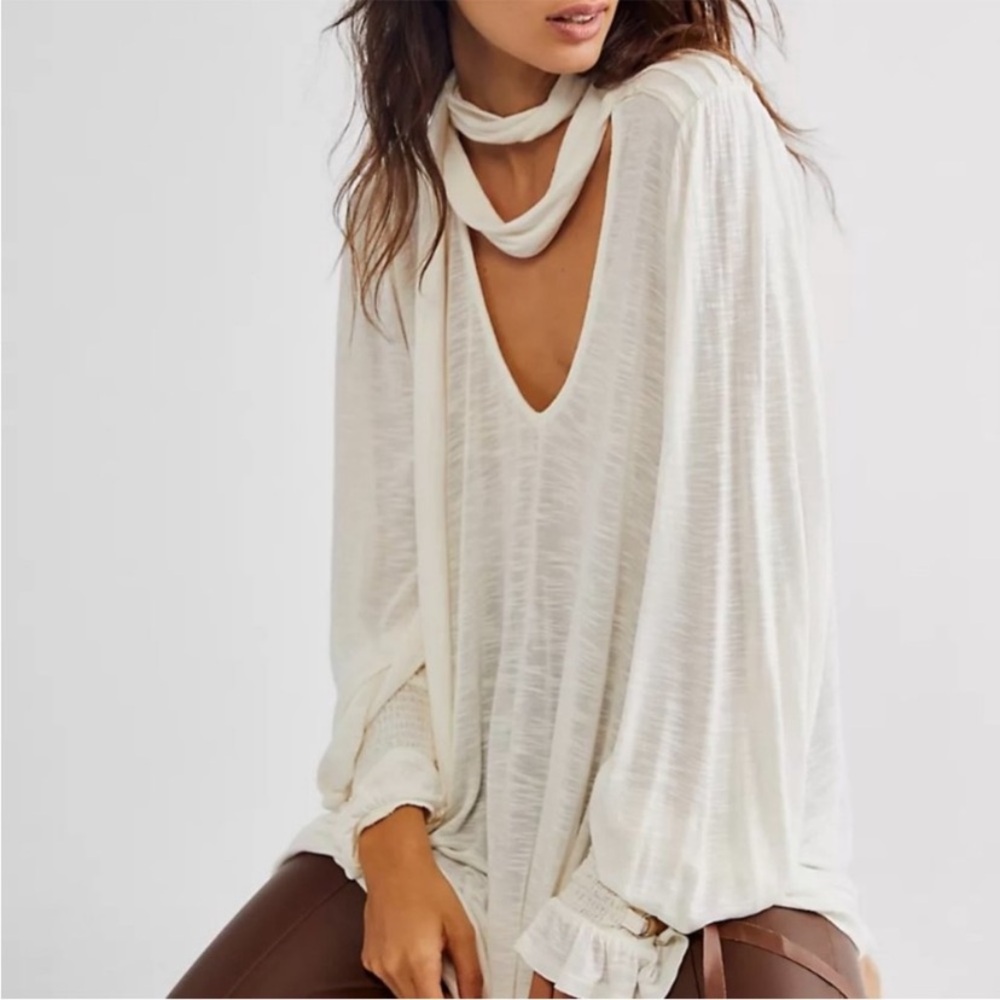 Free People || ‘Bridgette’ Tunic Top Dress Ivory Tie Neck, Lace Up Sleeve